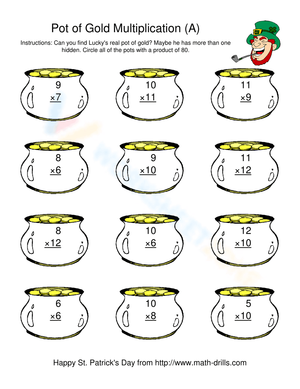 Pot of Gold Multiplication Worksheet - Page 1