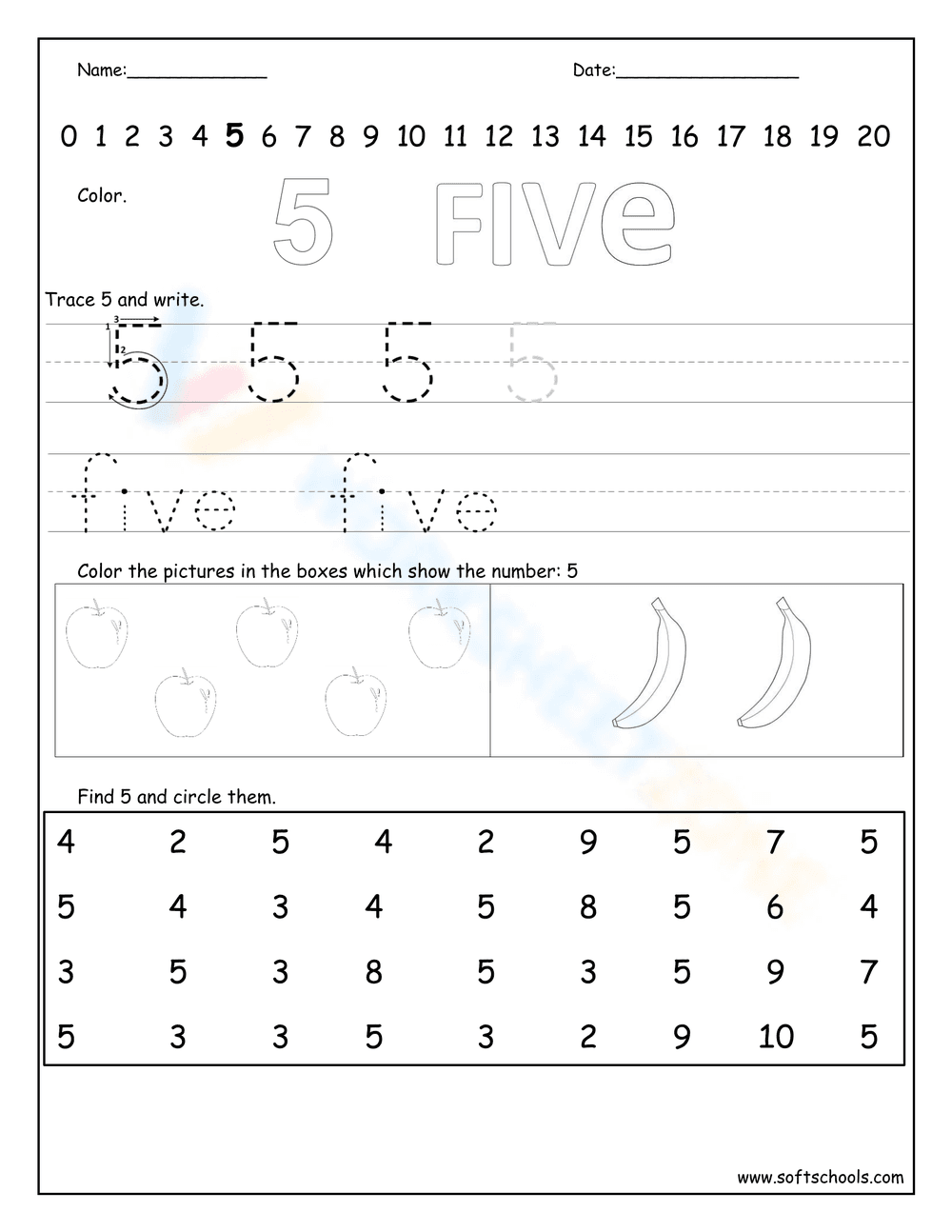 Tracing Number 5 Practice Worksheet - Page 1