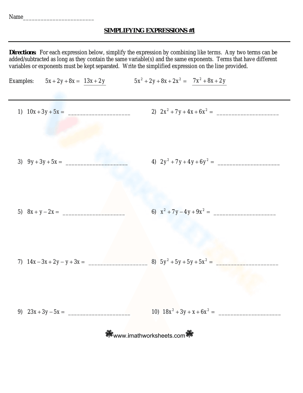 Simplifying Expressions Practice - Page 1