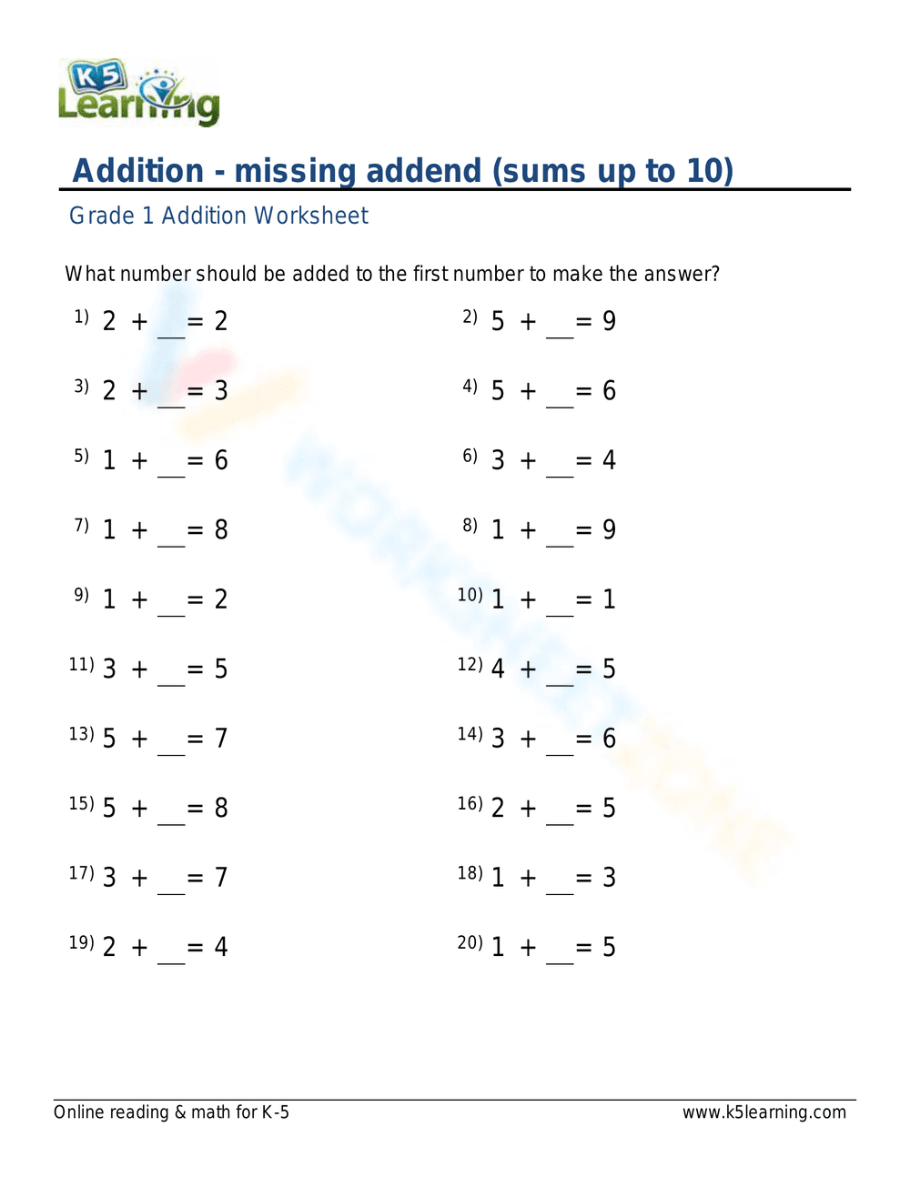 Addition: Missing Addend Practice - Page 1