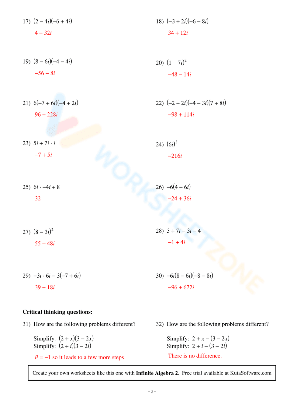 Operations with Complex Numbers Worksheet - Page 4