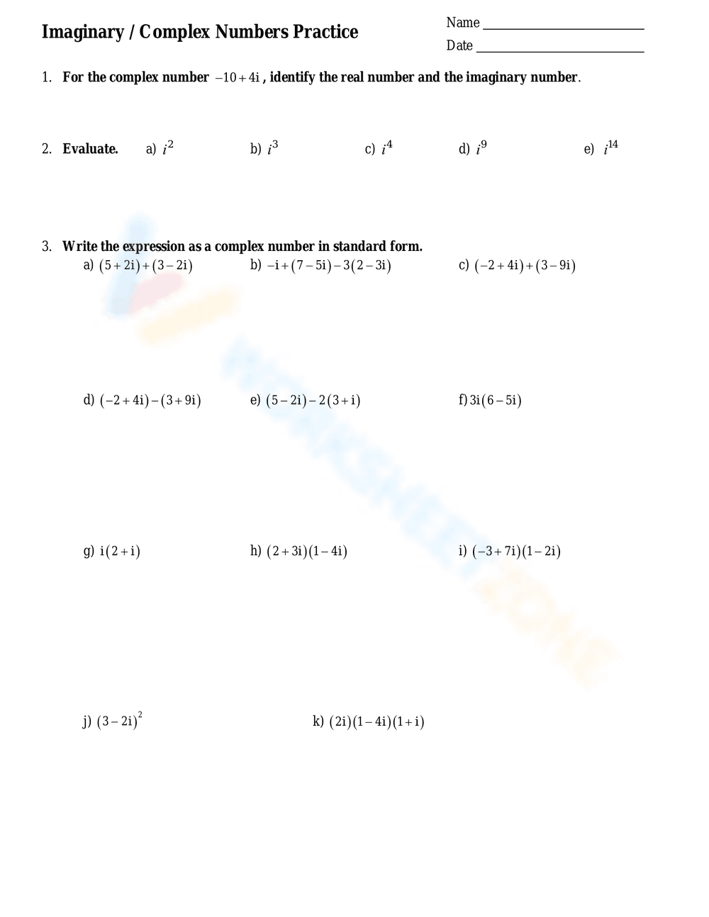 Imaginary and Complex Numbers Practice - Page 1