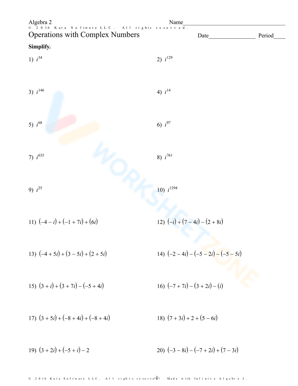 Practice Operations with Complex Numbers - Page 1