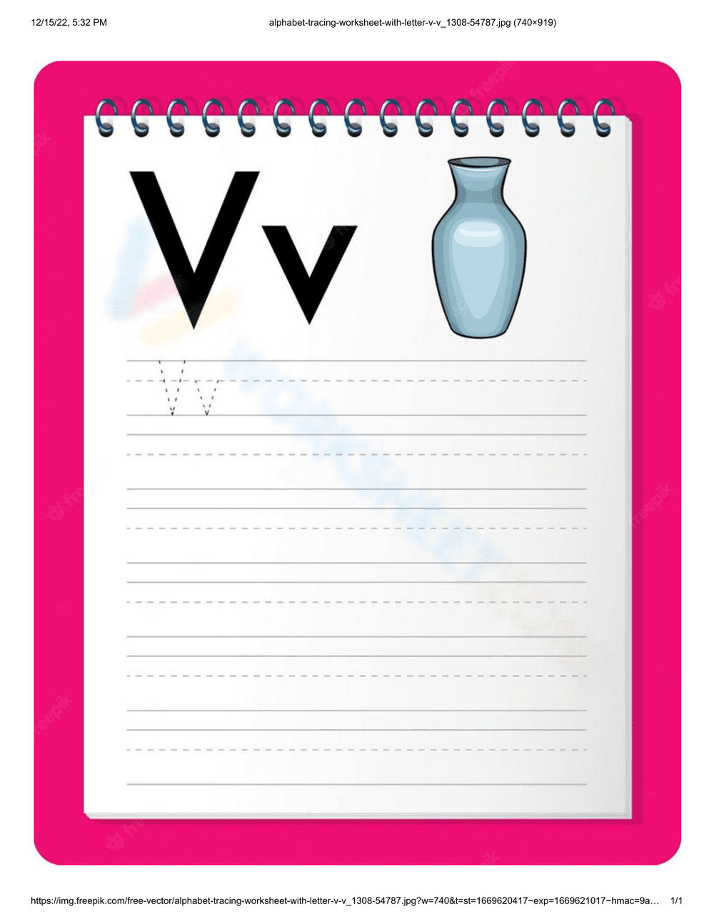 Letter V Tracing and Writing Practice Worksheet - Page 1