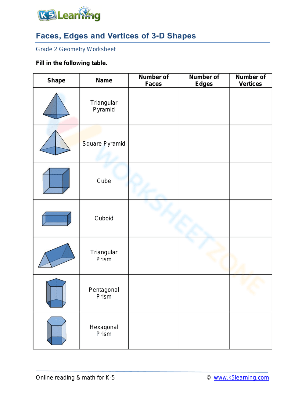 Faces, Edges and Vertices of 3-D Shapes - Page 1