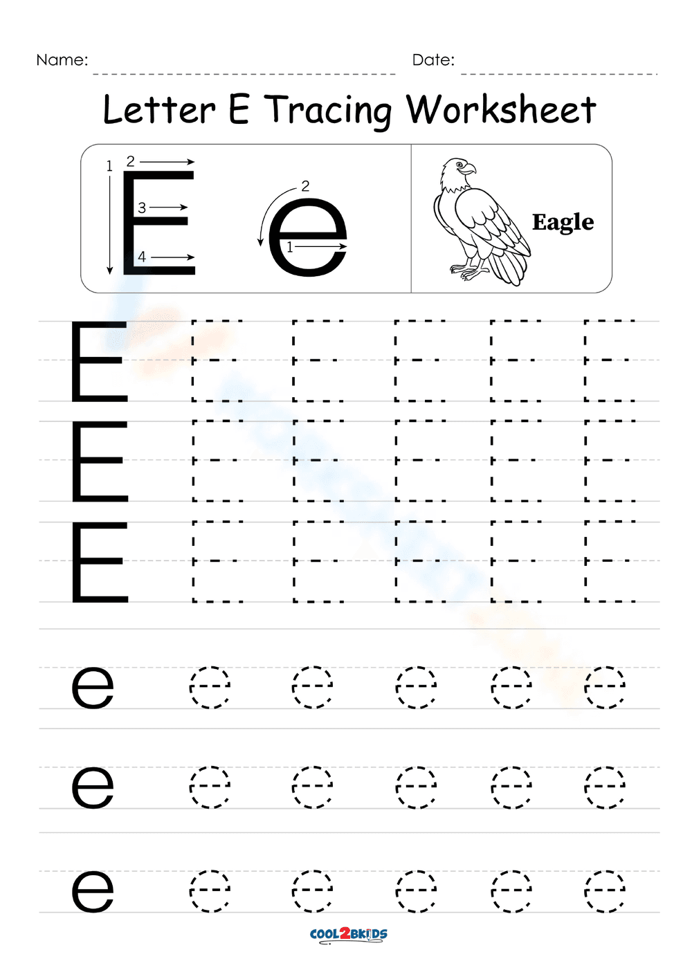 Letter E Tracing Worksheet with Eagle - Page 1