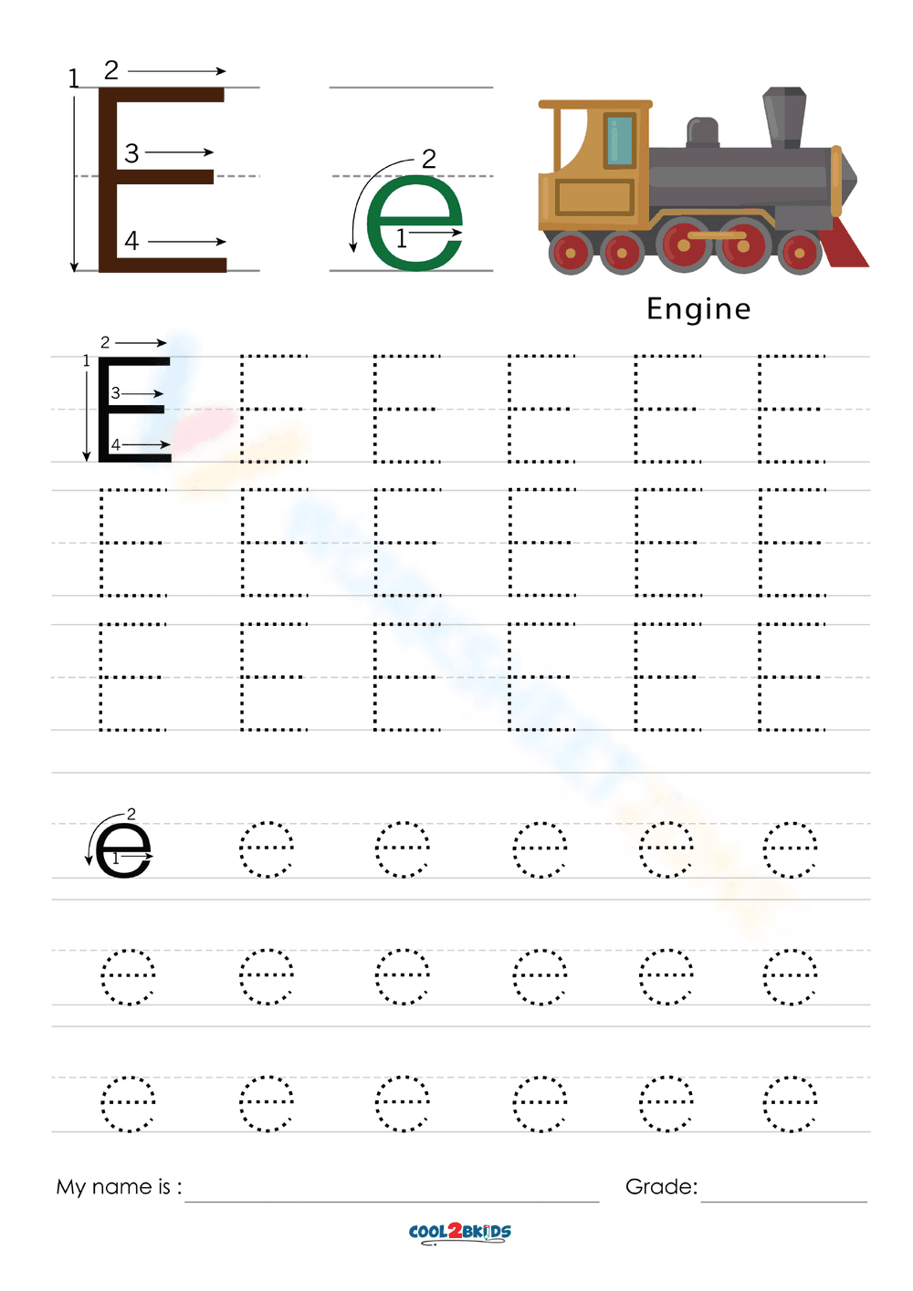 Letter E Tracing Worksheet with Train Engine - Page 1