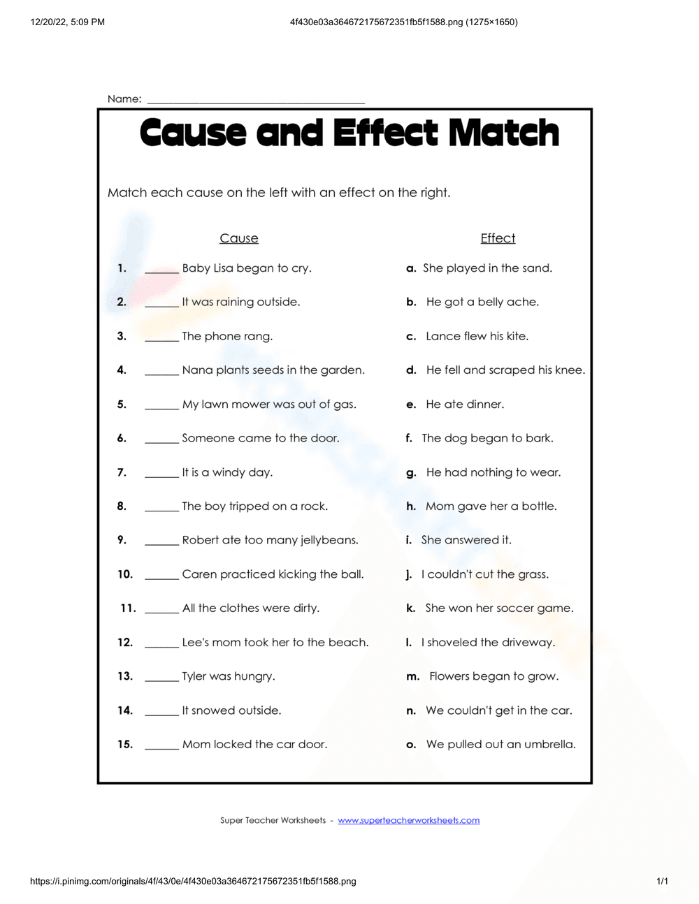 Match Cause and Effect Relationship Worksheet - Page 1