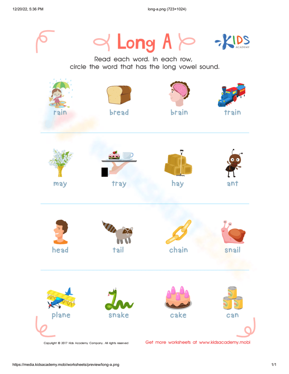 Long A Picture Association Worksheet - Page 1