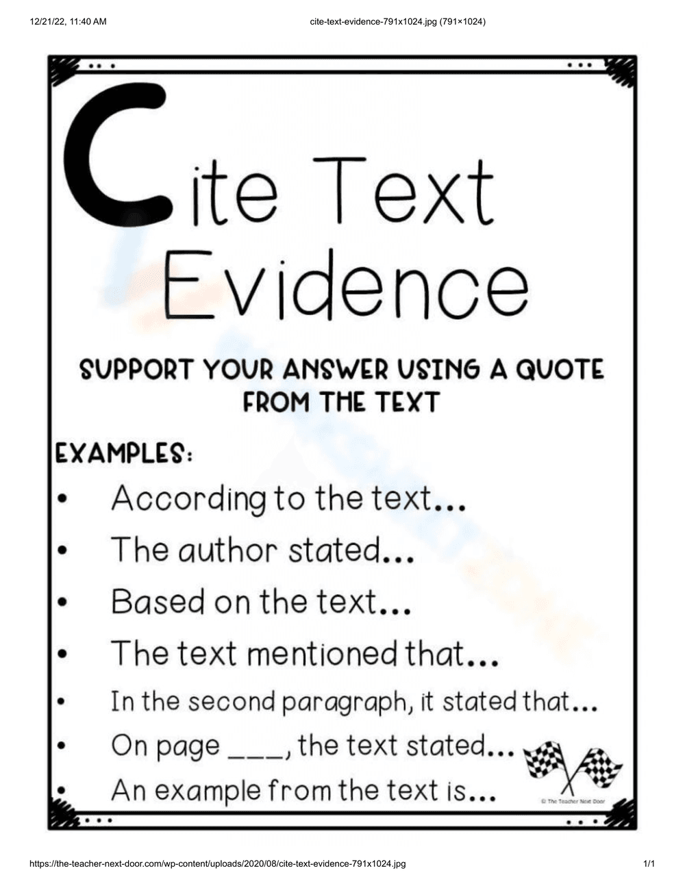 Cite Text Evidence Phrases Worksheet for Students - Page 1