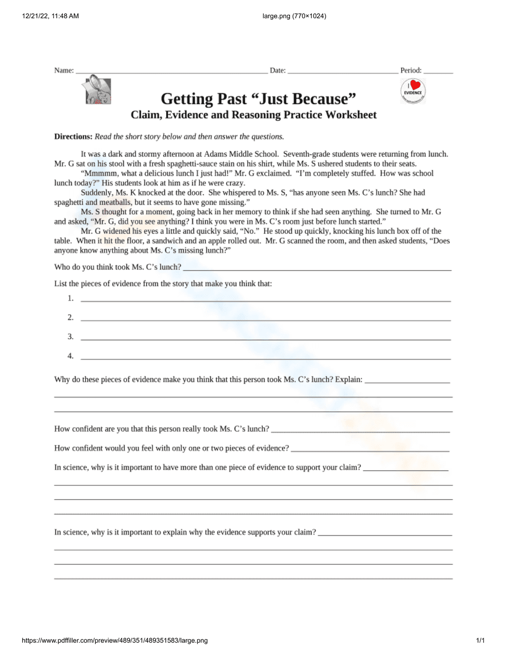 Practice Claim, Evidence, and Reasoning Worksheet - Page 1