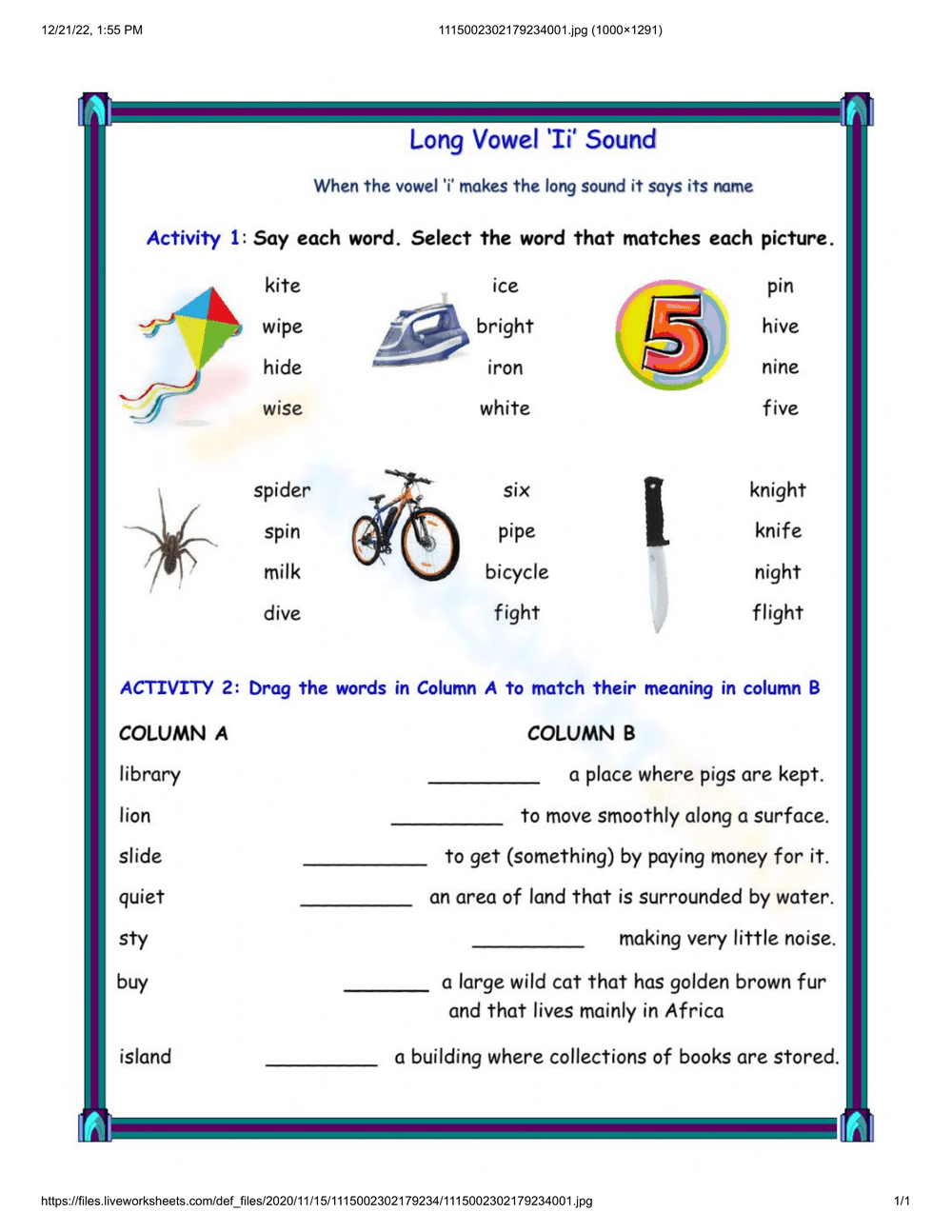 Targeted Long I Exercise Worksheet for Phonics - Page 1
