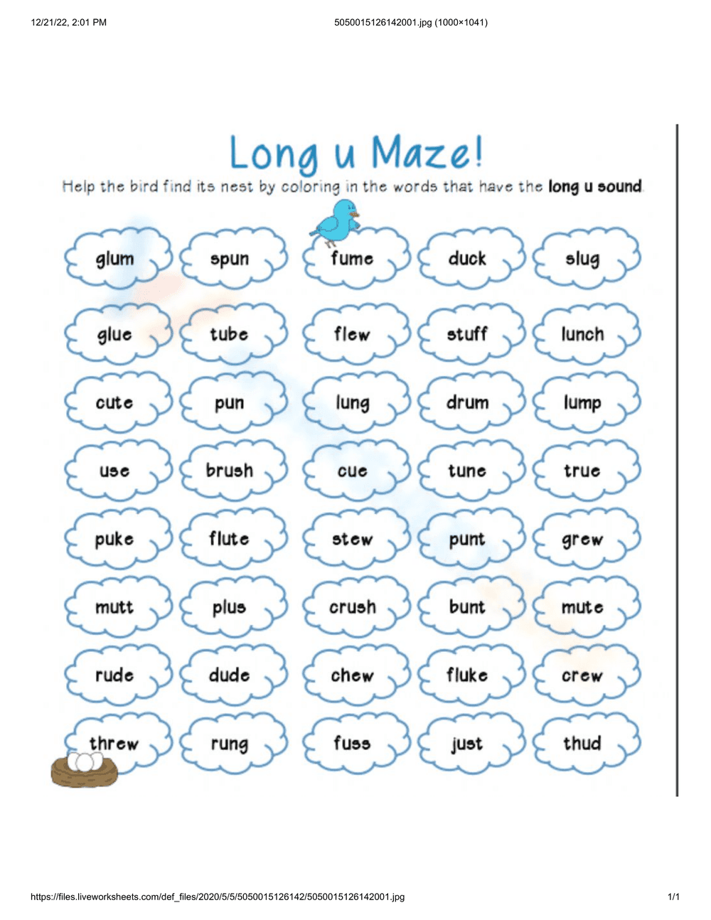 Fun Long U Maze Worksheet for Phonics Learning - Page 1
