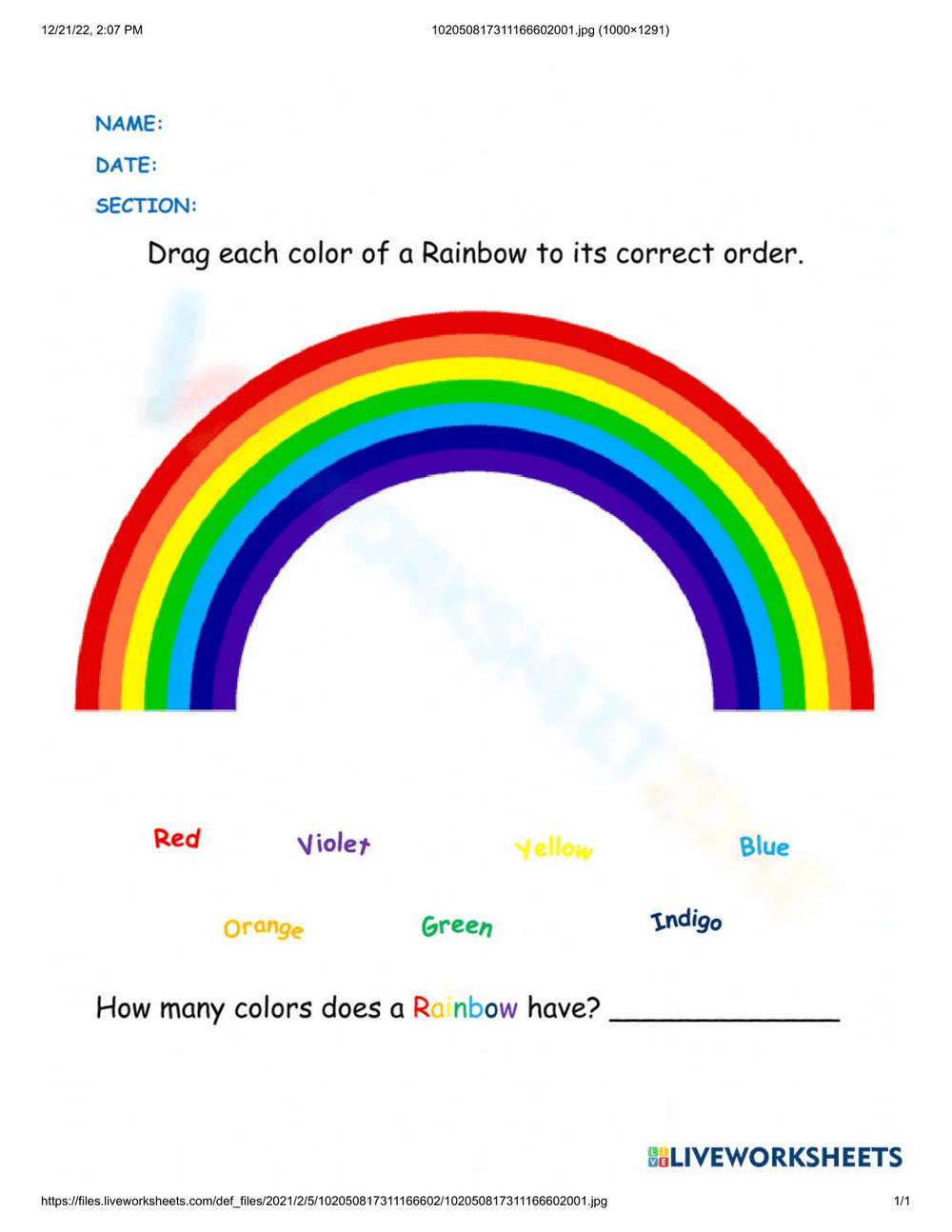 Order the Rainbow Colors Worksheet Activity - Page 1