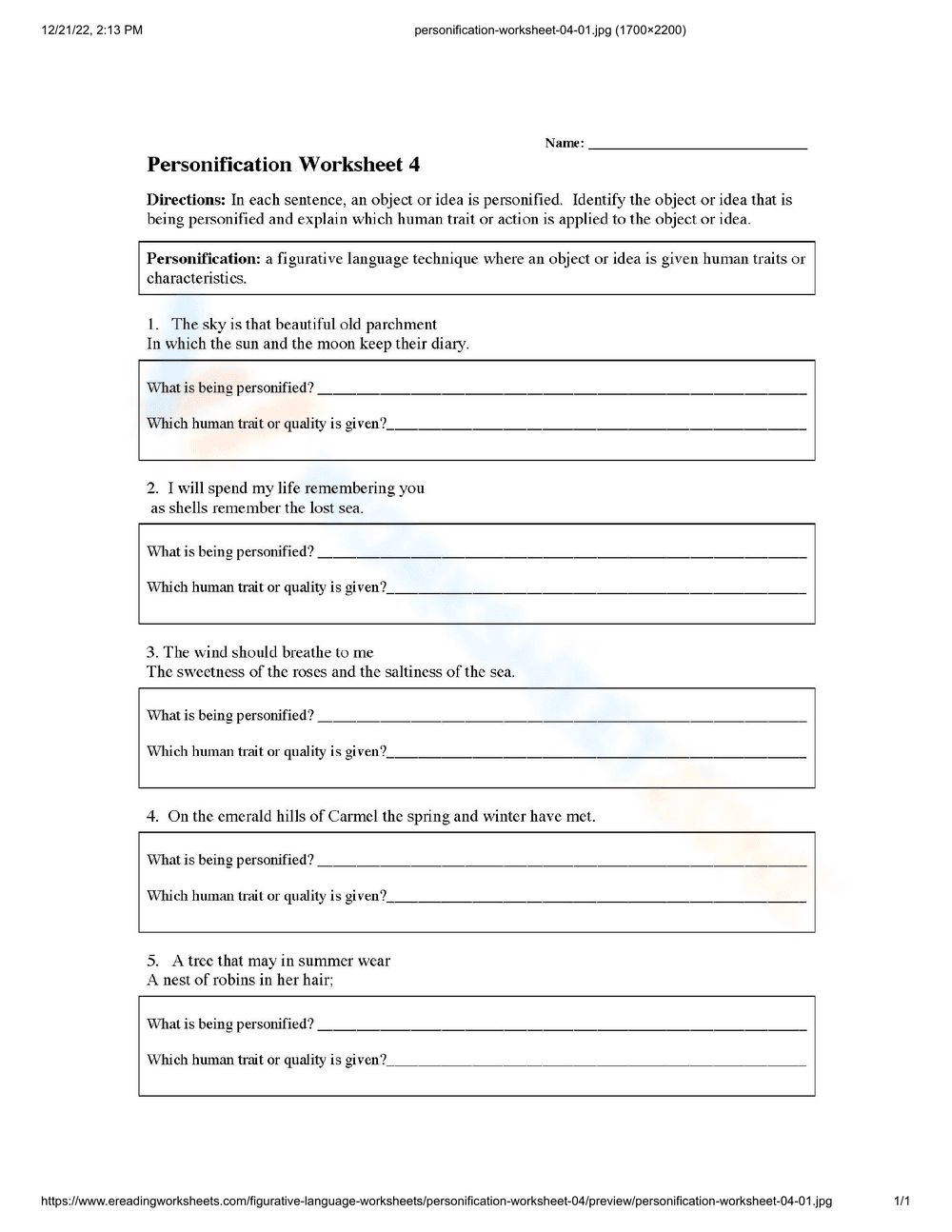 Exploring Personification Techniques Worksheet - Page 1