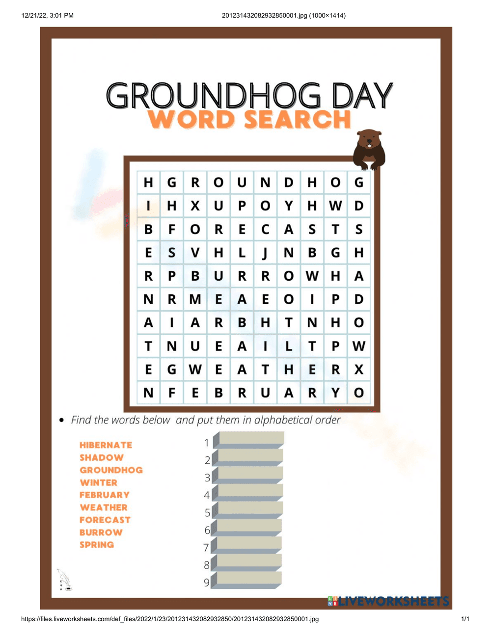 Groundhog Day Vocabulary Worksheet - Page 1