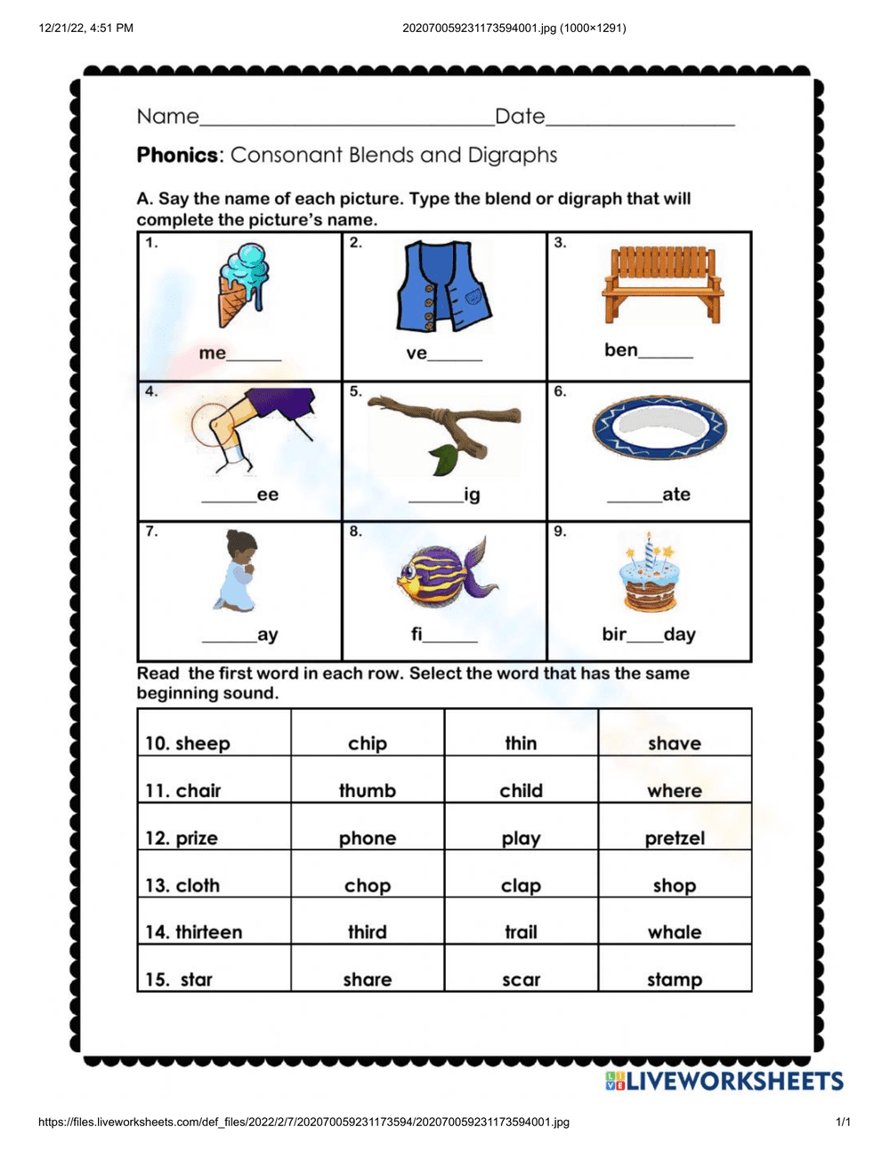 Consonant Blends and Digraphs Practice - Page 1