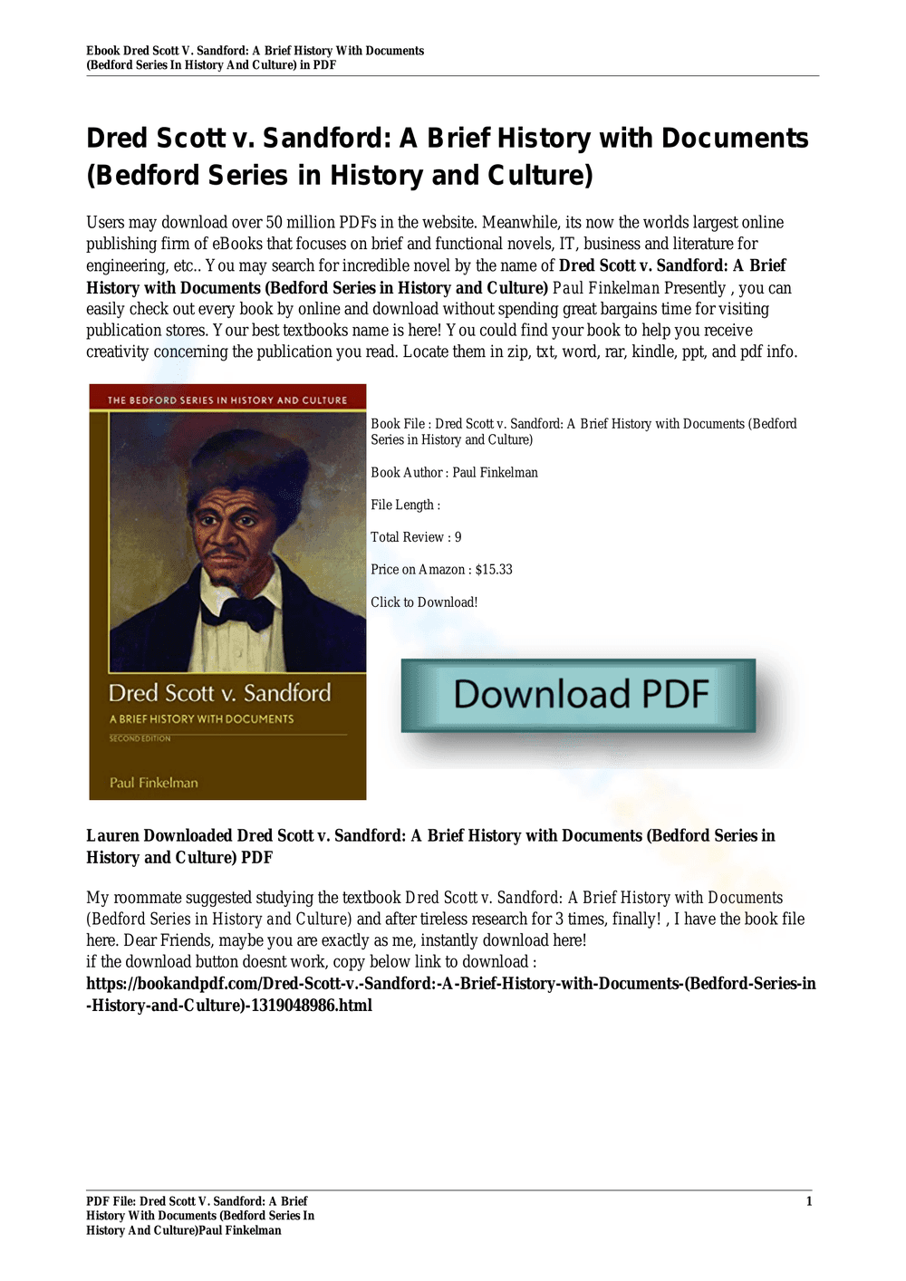 The Dred Scott Case: A Brief History Worksheet - Page 1