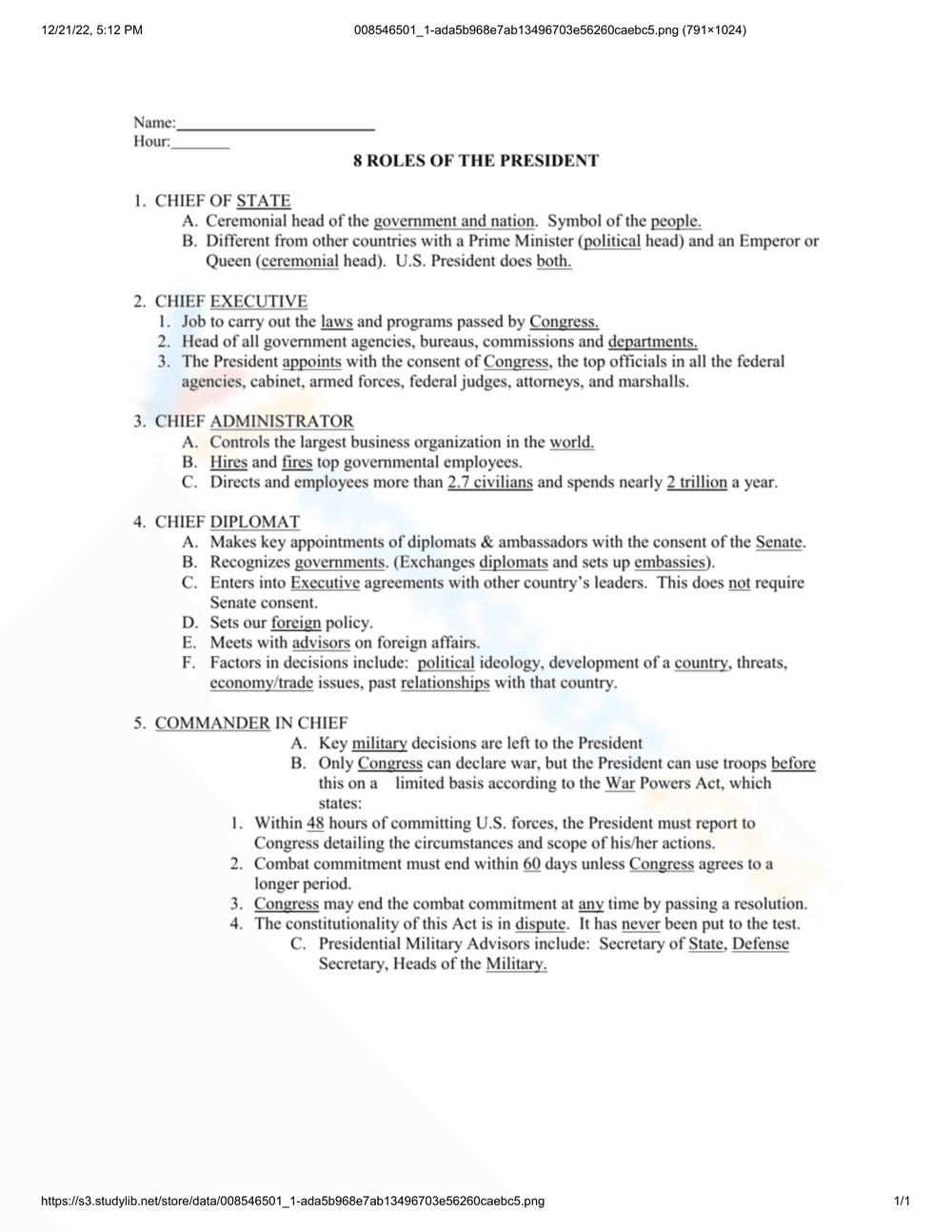 8 Roles of the President: A Detailed Worksheet - Page 1