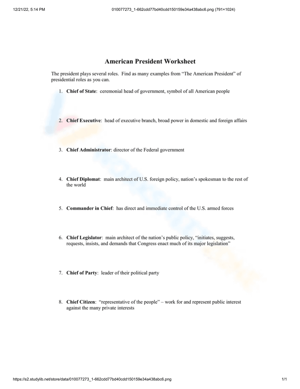 American President Worksheet: Learn About the Office - Page 1
