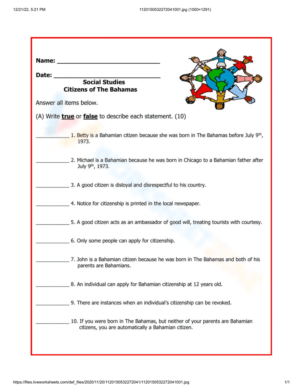 Understanding Citizenship: An Introductory Worksheet - Page 1