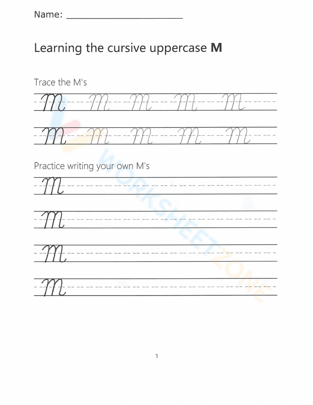 Learn Cursive Uppercase M - Page 1