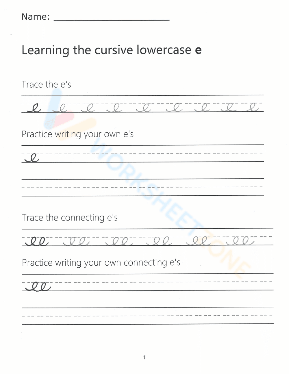 Learn Cursive Lowercase e - Page 1