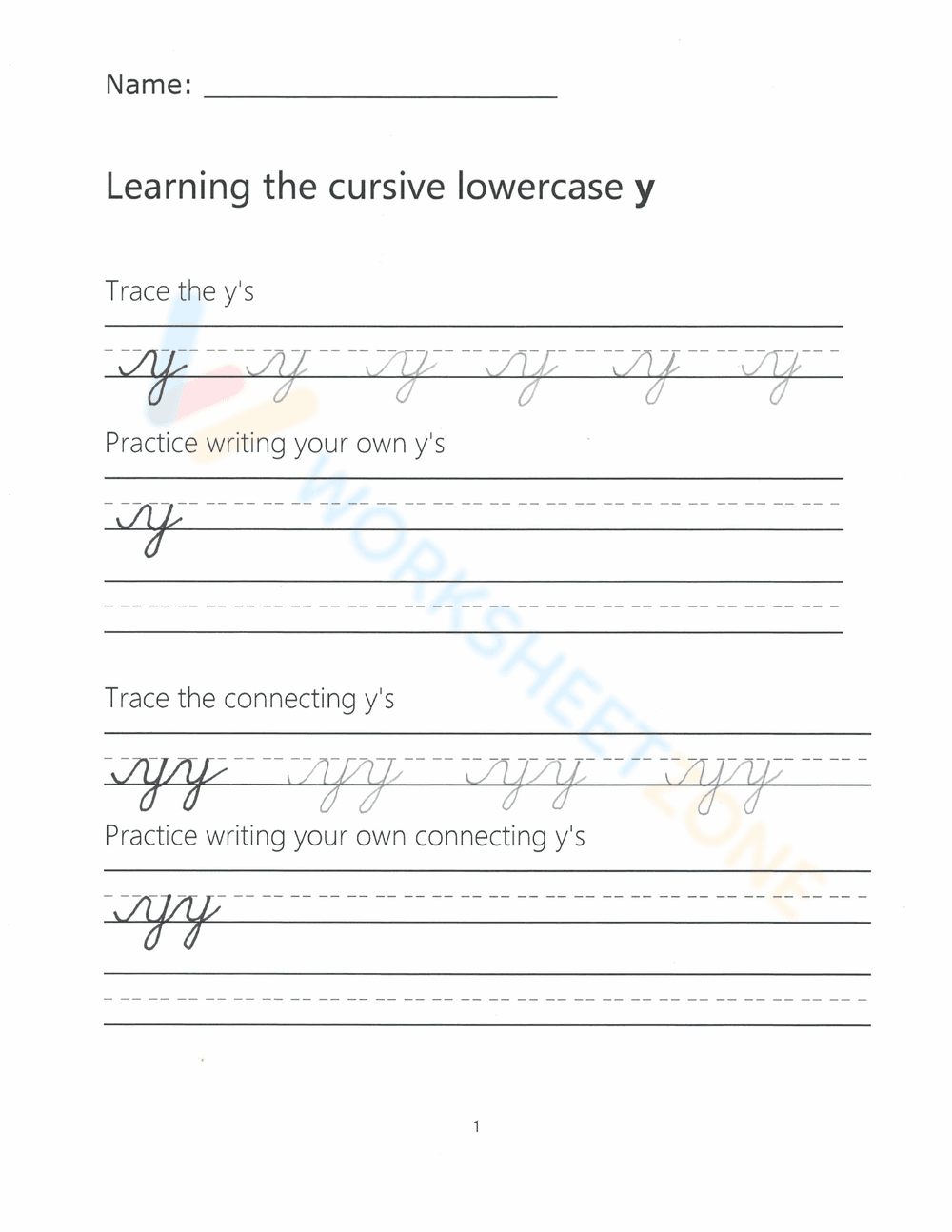 Learn to Write Cursive Lowercase y - Page 1