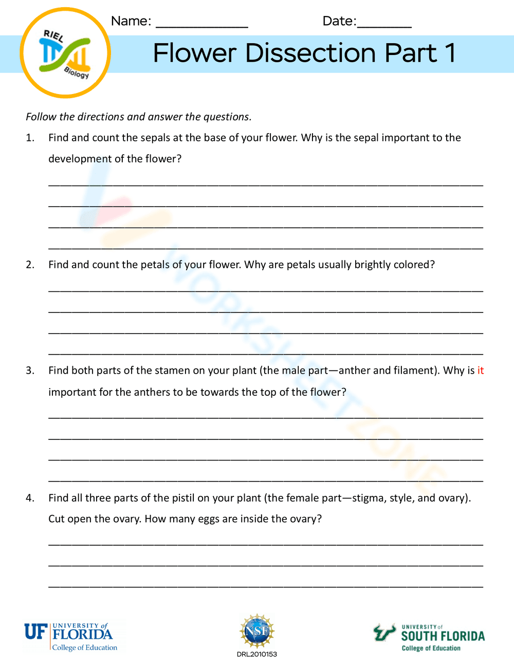 Flower Dissection Guide Part 1 Worksheet - Page 1