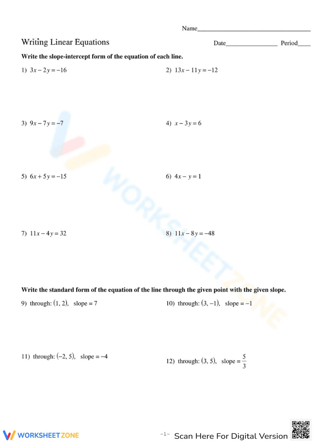 Slope-Intercept and Standard Form Equations - Page 1