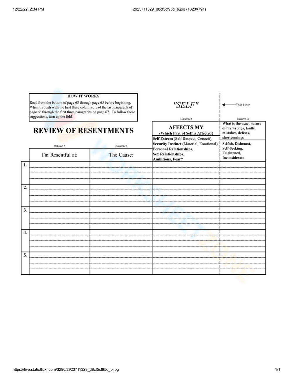 Understanding the Fourth Step Worksheet - Page 1