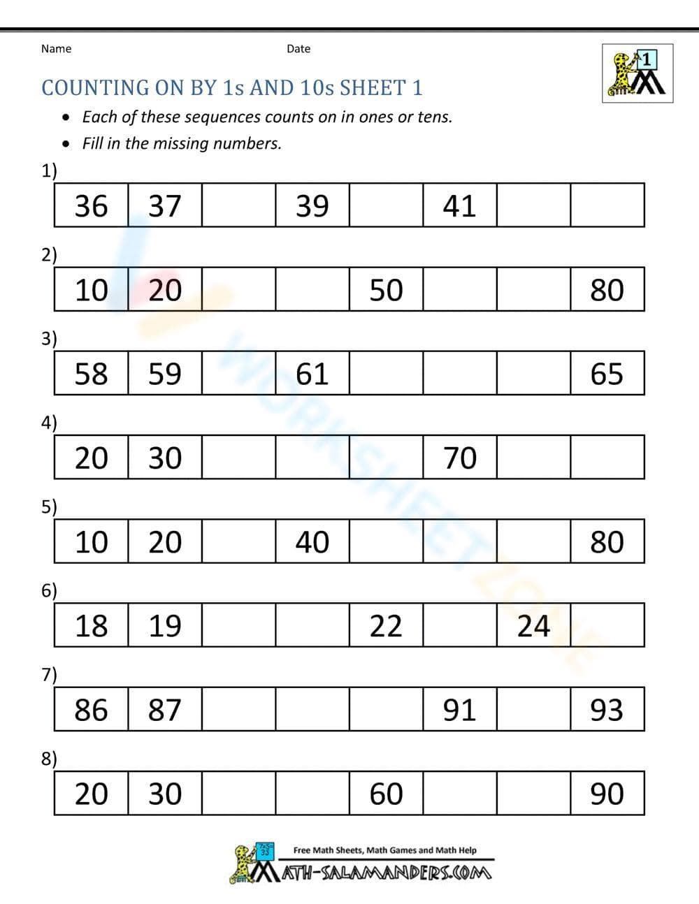 Counting From 36 to 90 Worksheet - Page 1