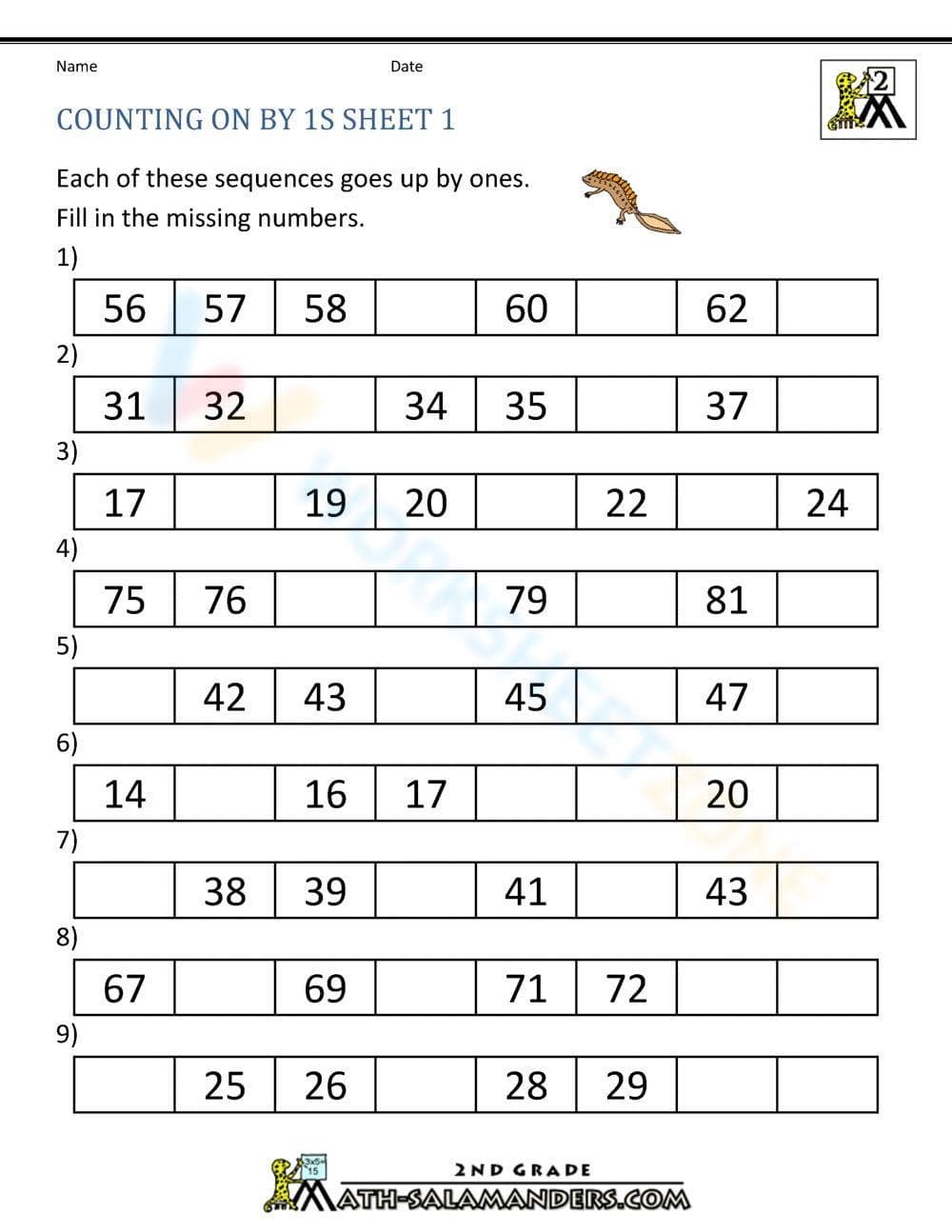 Practice Counting From 56 Worksheet - Page 1