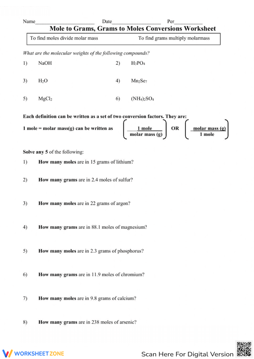 Mole to Grams Conversions Practice - Page 1