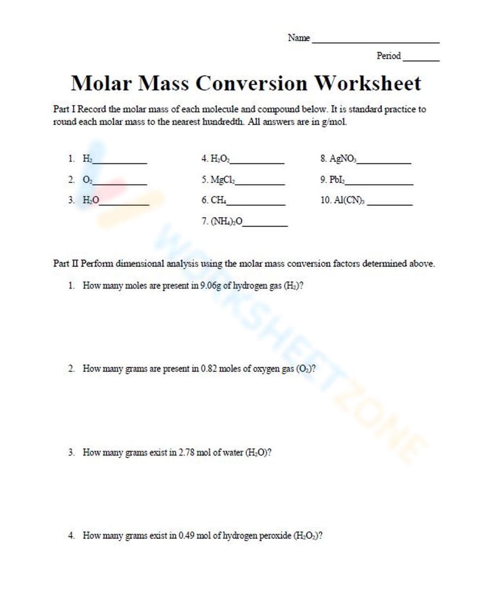 Practice Molar Mass Conversion - Page 1