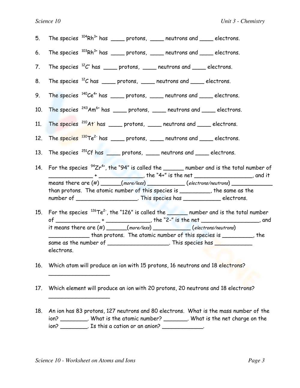 Atoms and Ions Assignment - Page 2