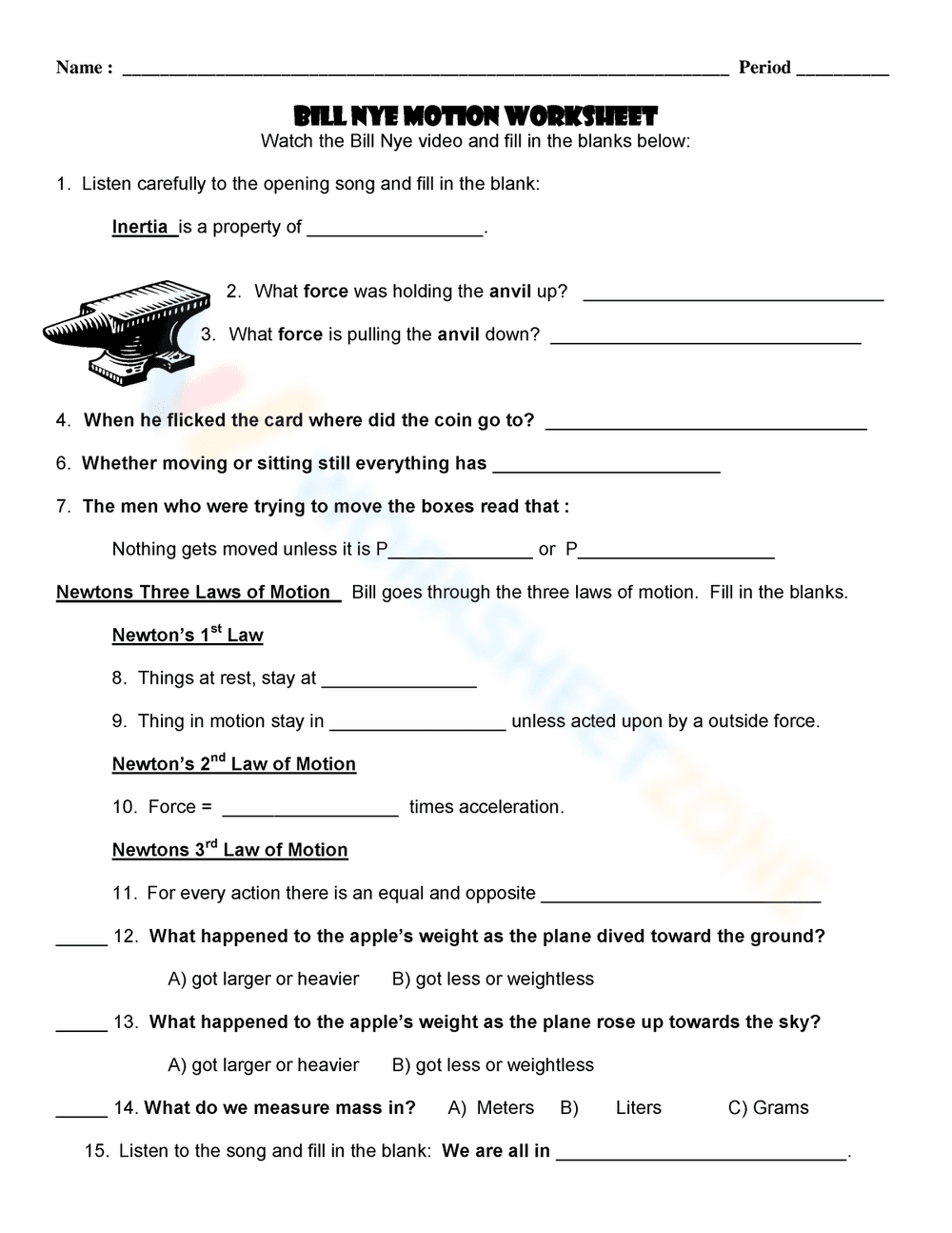 Bill Nye's Motion Worksheet for Science Class - Page 1