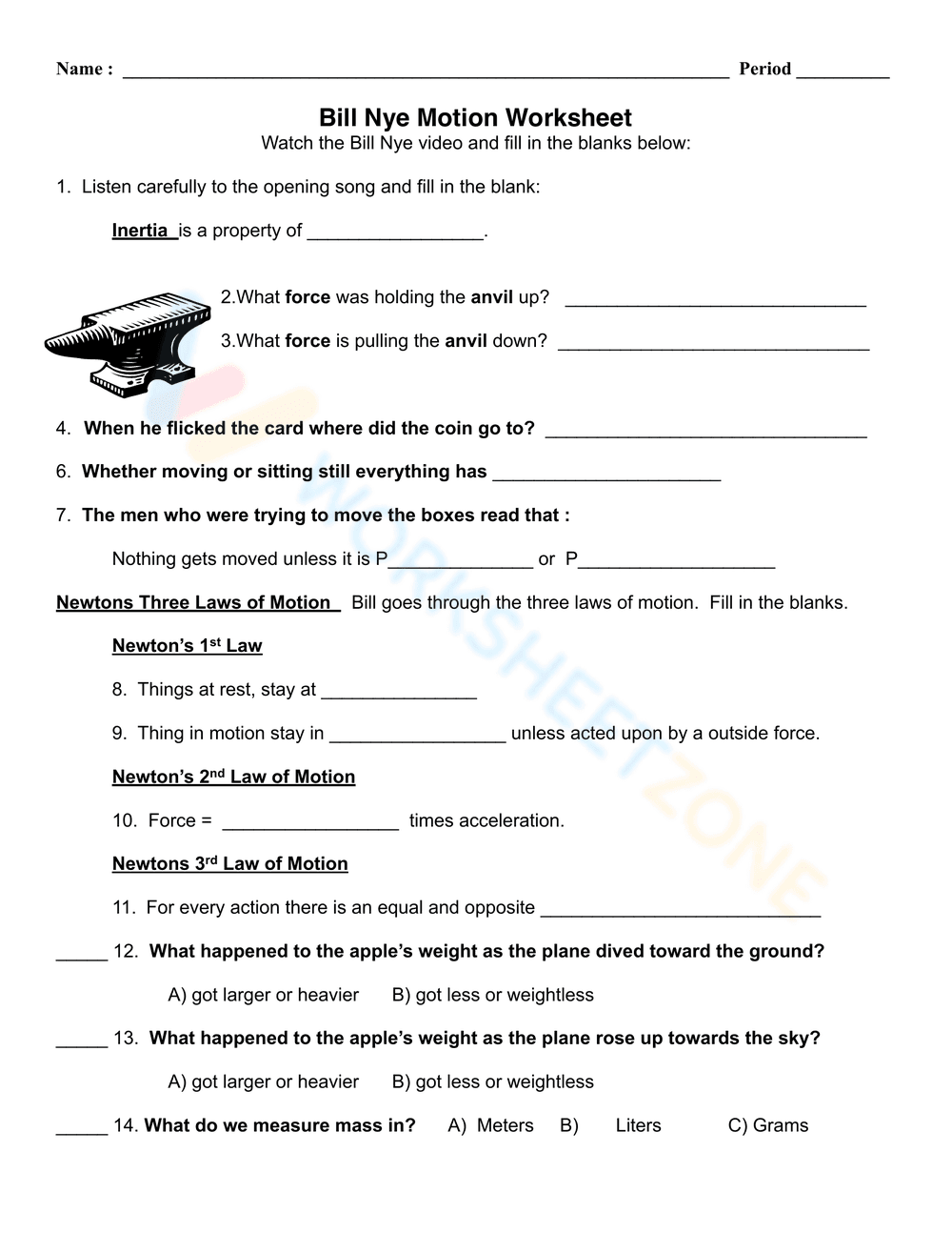 Bill Nye Motion Worksheet: Exploring Physics - Page 1