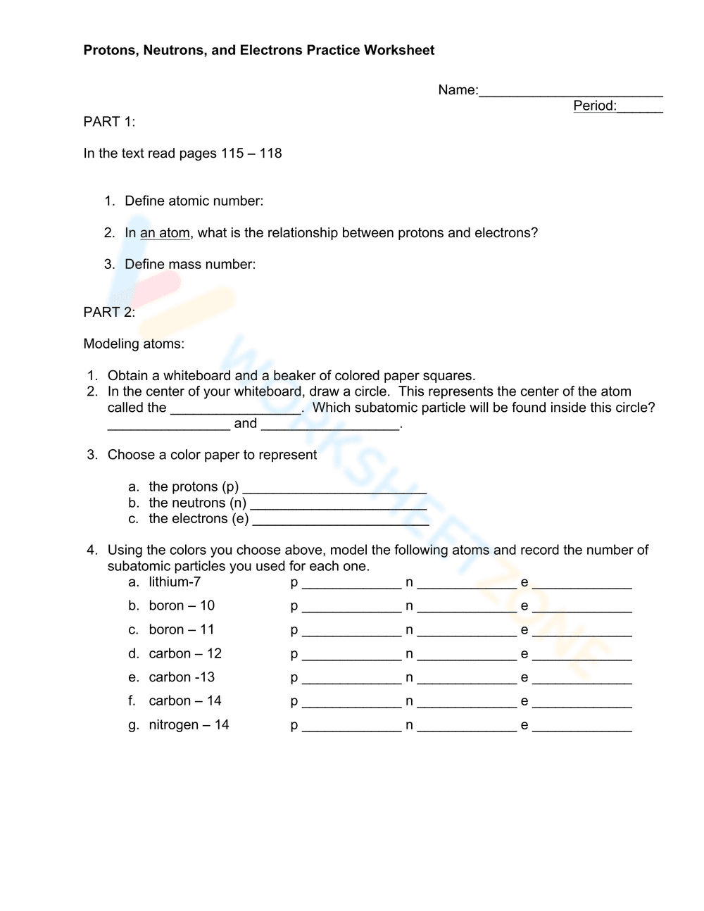 Protons, Neutrons, and Electrons Practice Worksheet - Page 1