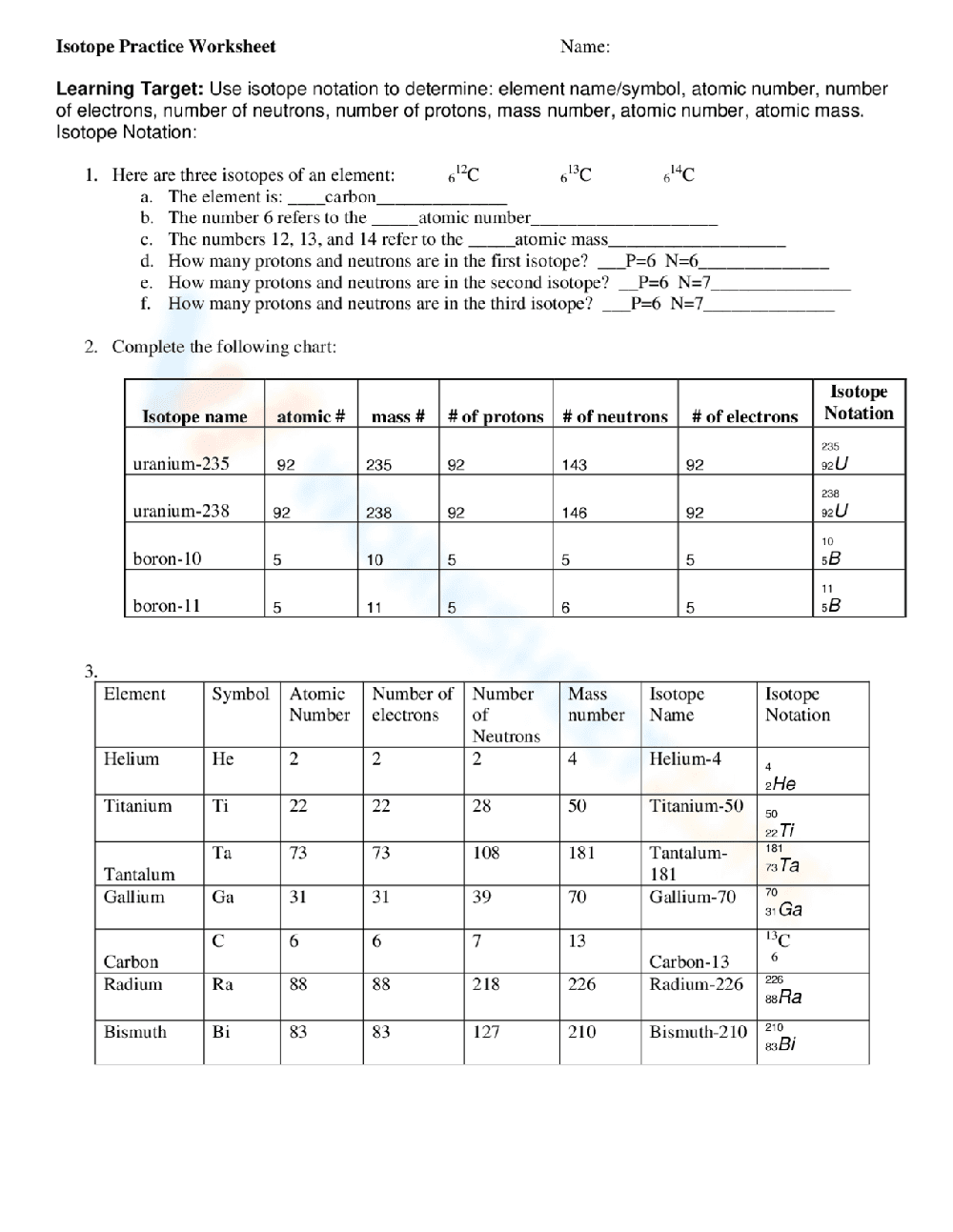 Isotope practice worksheet - Page 1