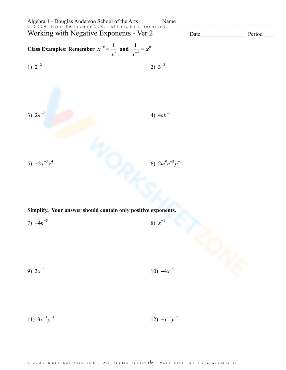 Working with Negative Exponents Worksheet - Page 1