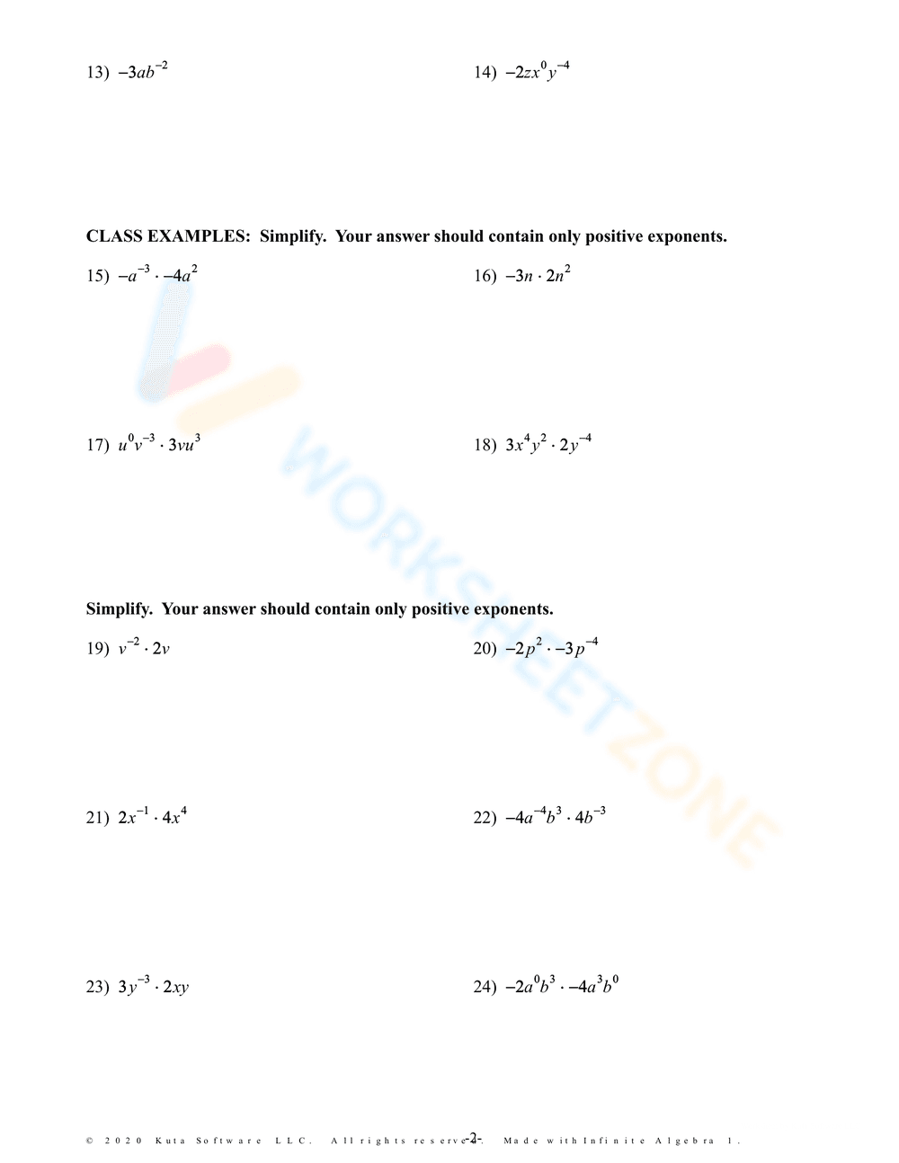 Working with Negative Exponents Worksheet - Page 2
