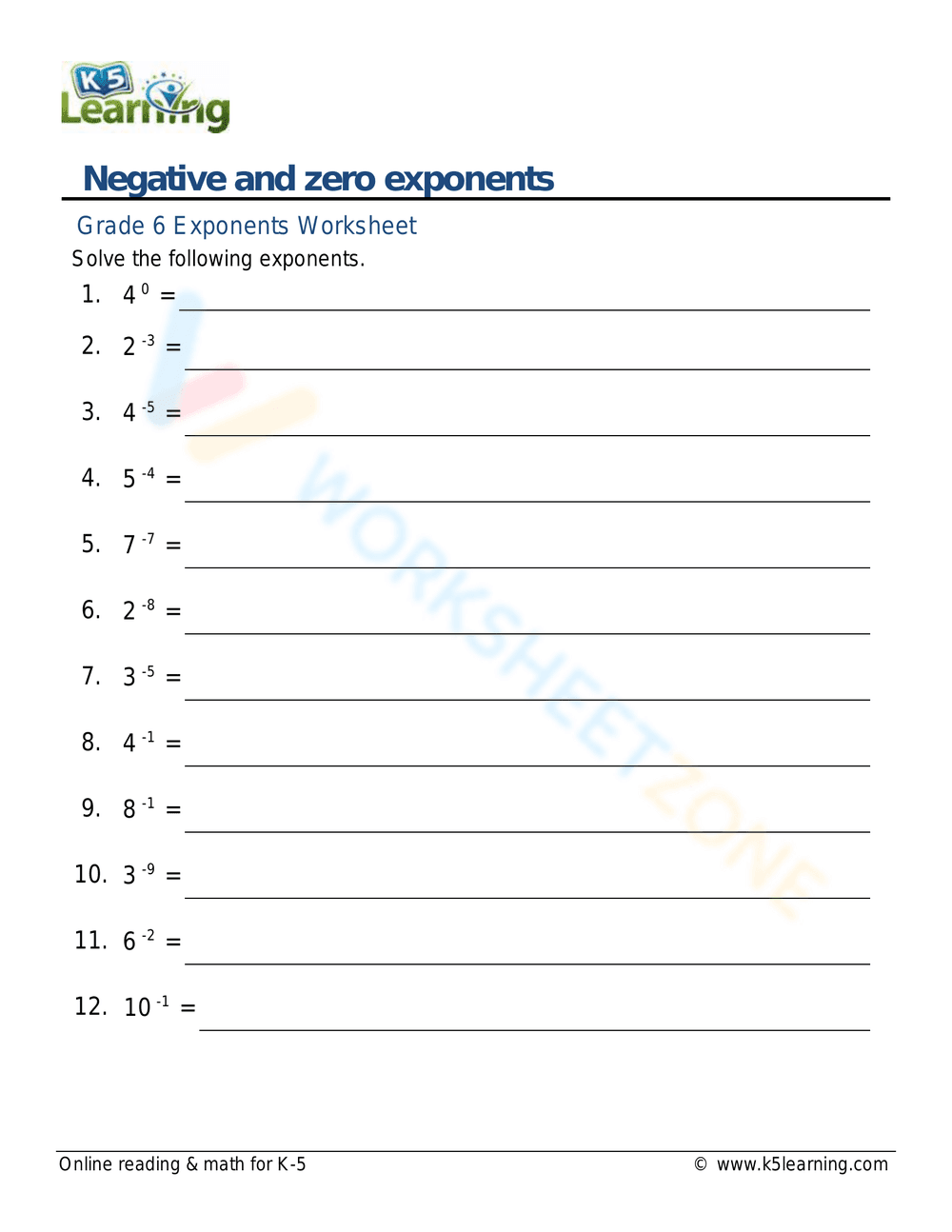 Negative and Zero Exponents Practice - Page 1