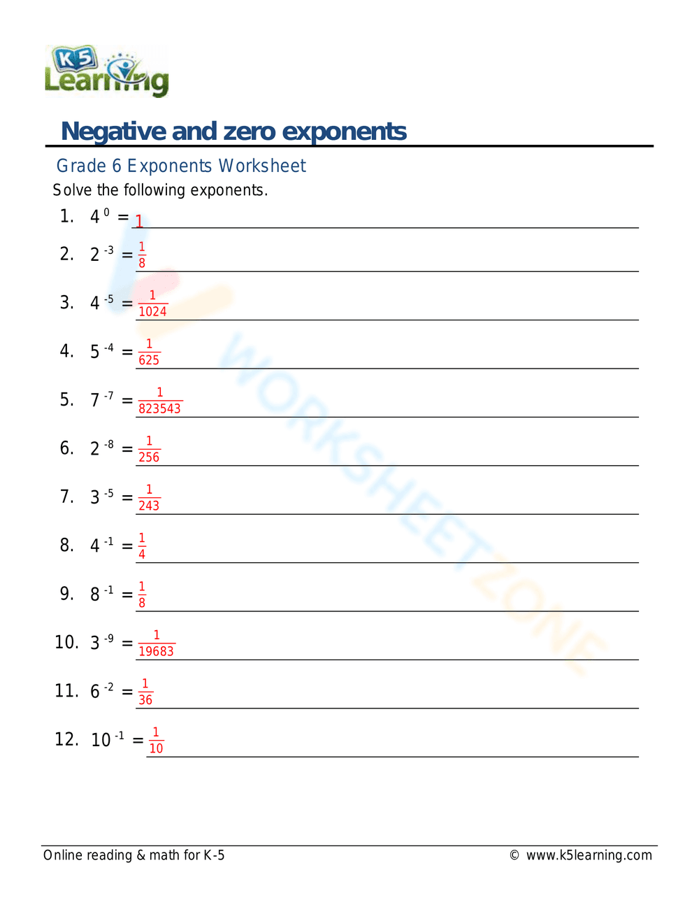 Negative and Zero Exponents Practice - Page 2