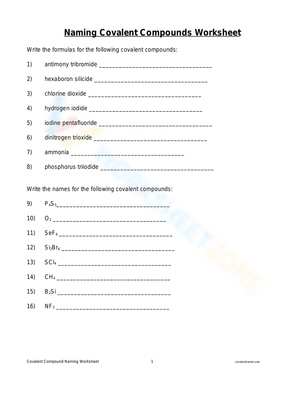 Naming Covalent Compounds: Chemistry Practice - Page 1