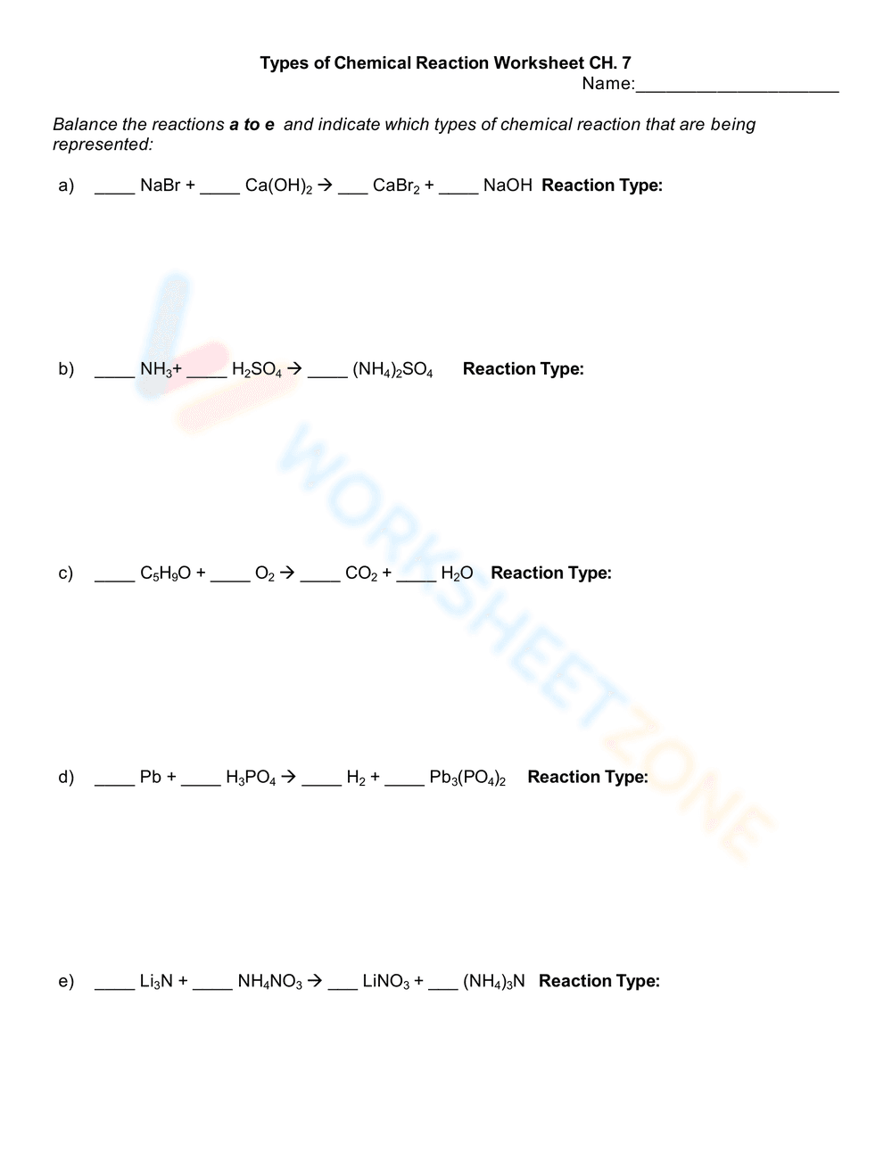 Types of Chemical Reactions Worksheet - Page 1