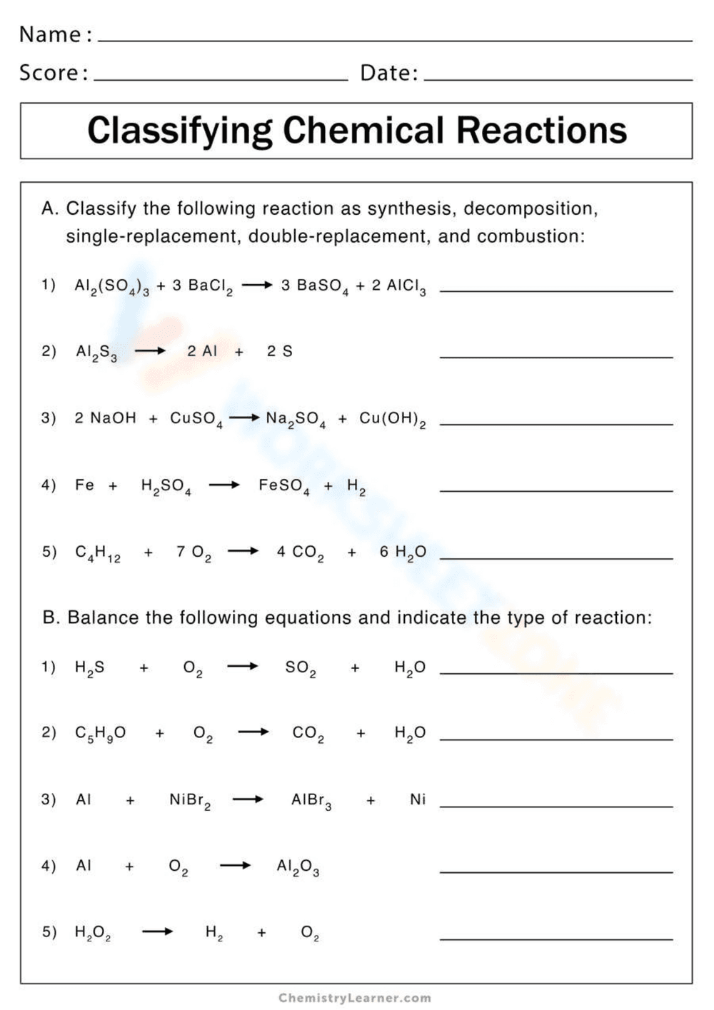 Chemical Reactions Worksheet: Classify & Balance - Page 1