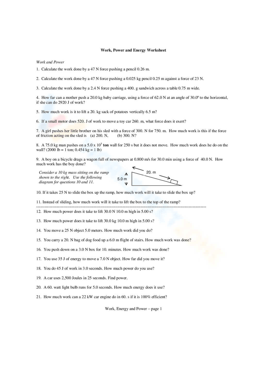 Work Energy Power: Physics Worksheet - Page 1