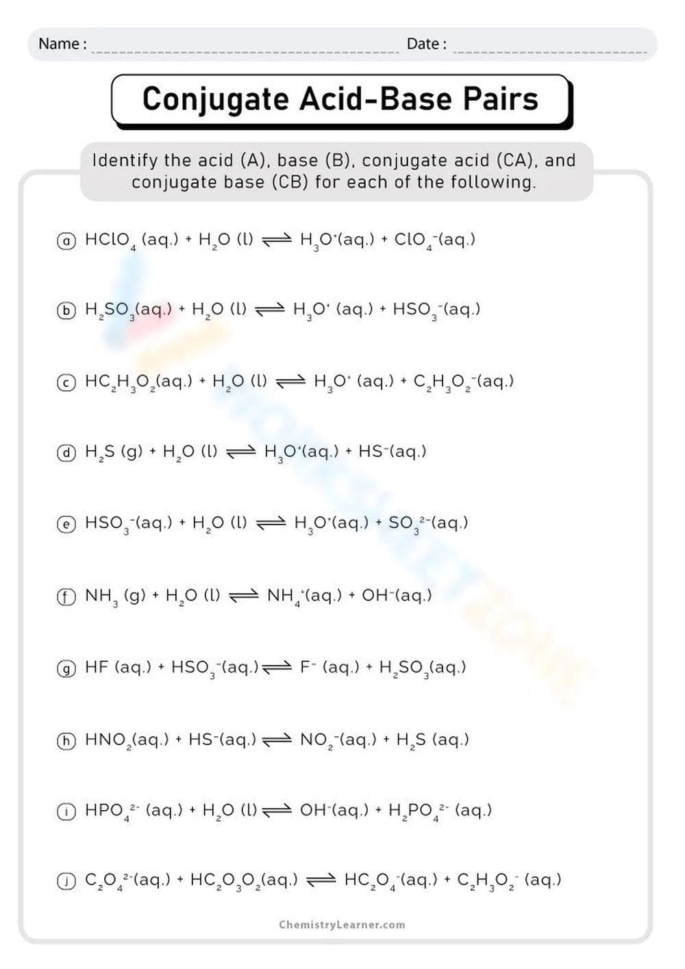 Conjugate Acid-Base Pairs Practice - Page 1