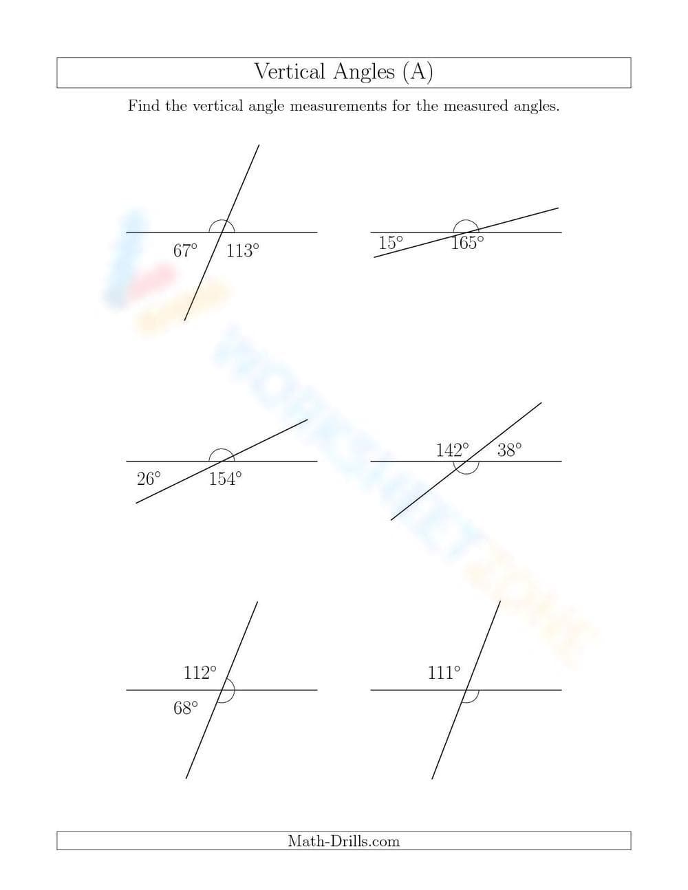 Vertical Angles Worksheet - Page 1